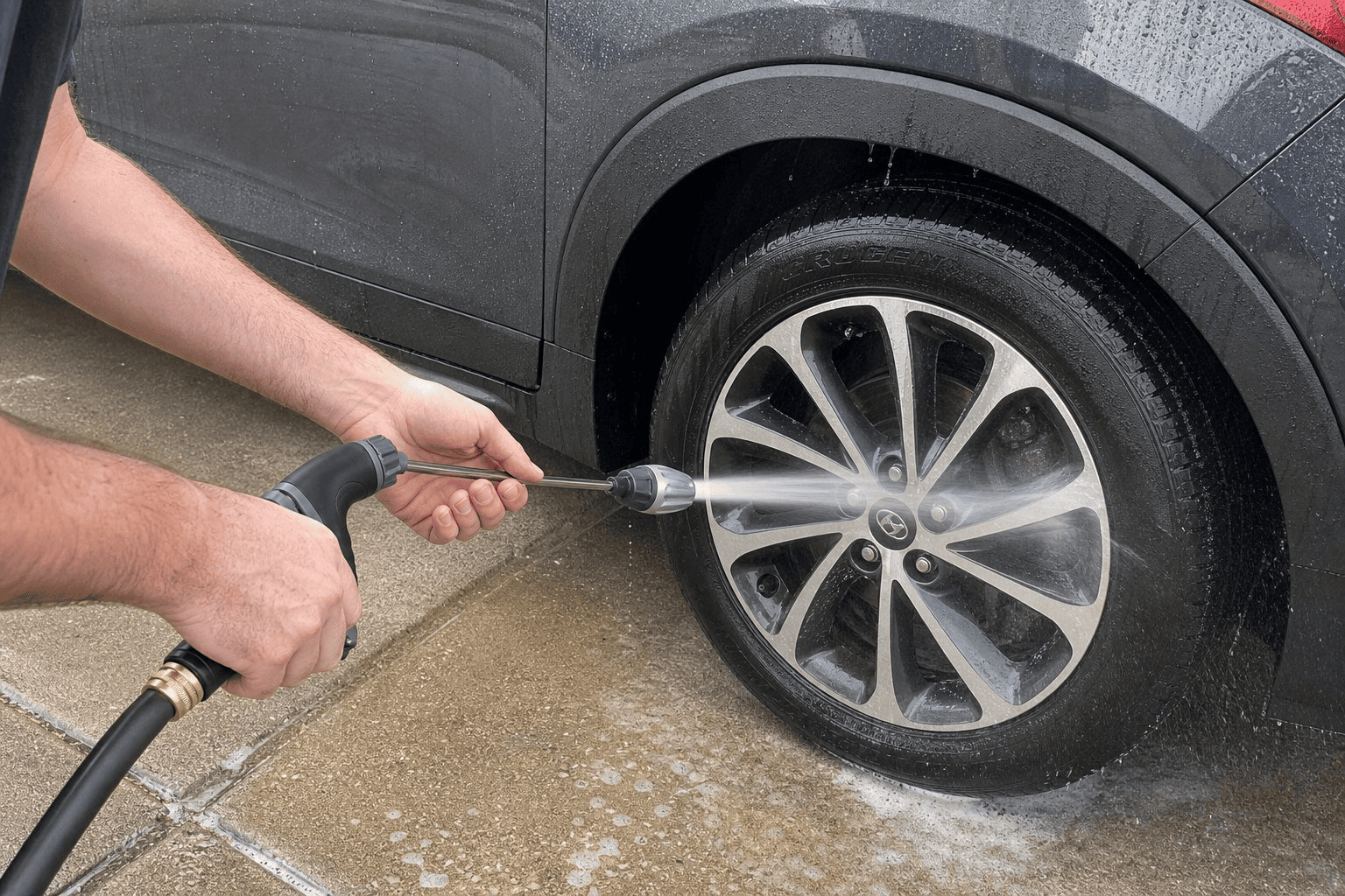 Jetterix hose attachment benefits - cleaning a car wheel